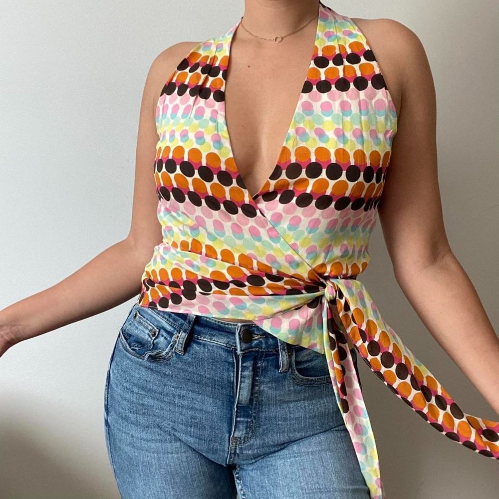 Lafayette 148 multicolored wrap around sleeveless silk blouse